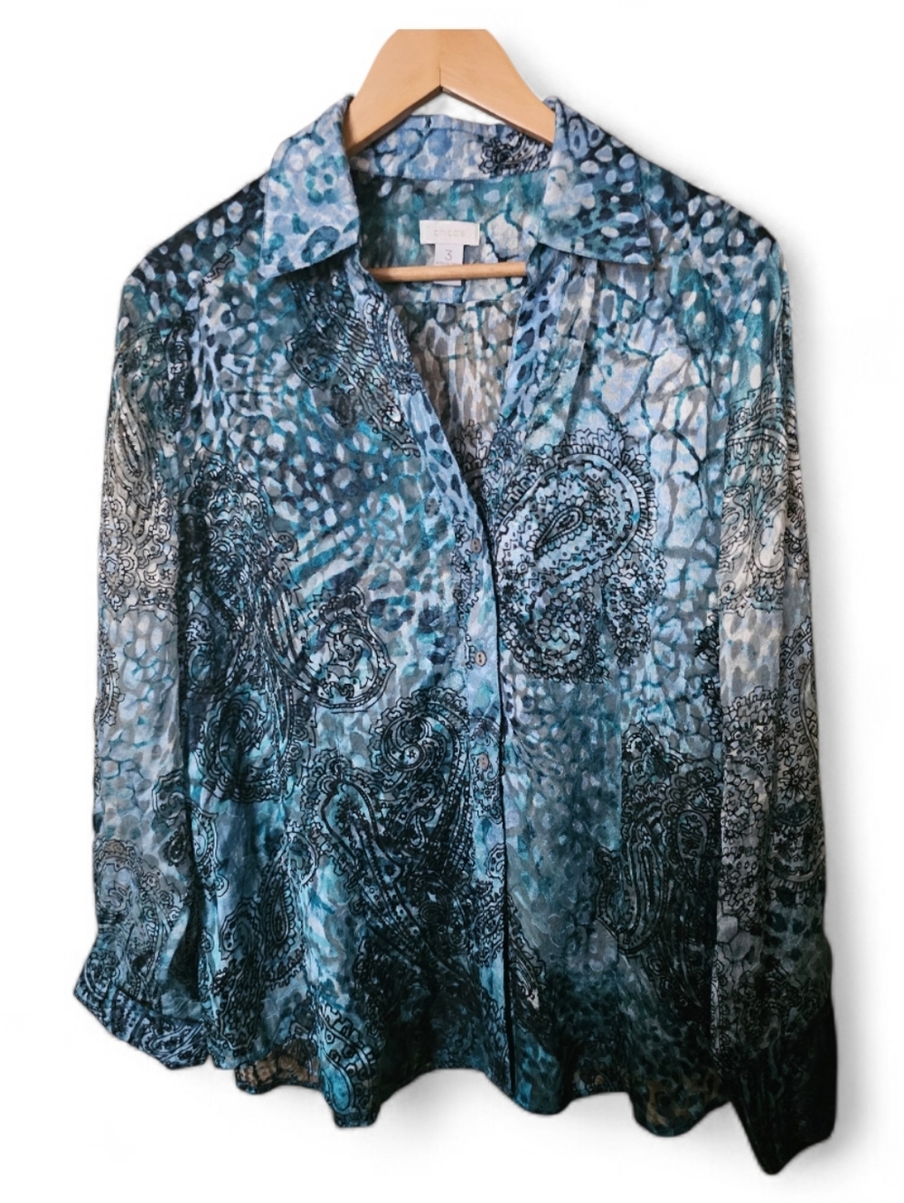 CHICO'S Abstract Watercolor Semi Sheer Paisley Button Down Blouse - Size 3